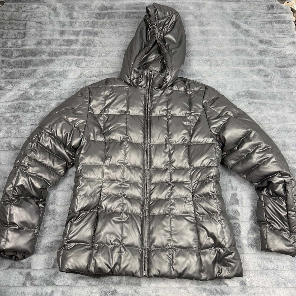 ANA A New Approach Metallic Grey Down Puffer Jacket Faux Fur Lined Hooded Medium